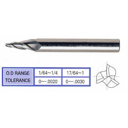 3 Flute Regular Length Ball Nose Tapered Ticn-Coated Carbide